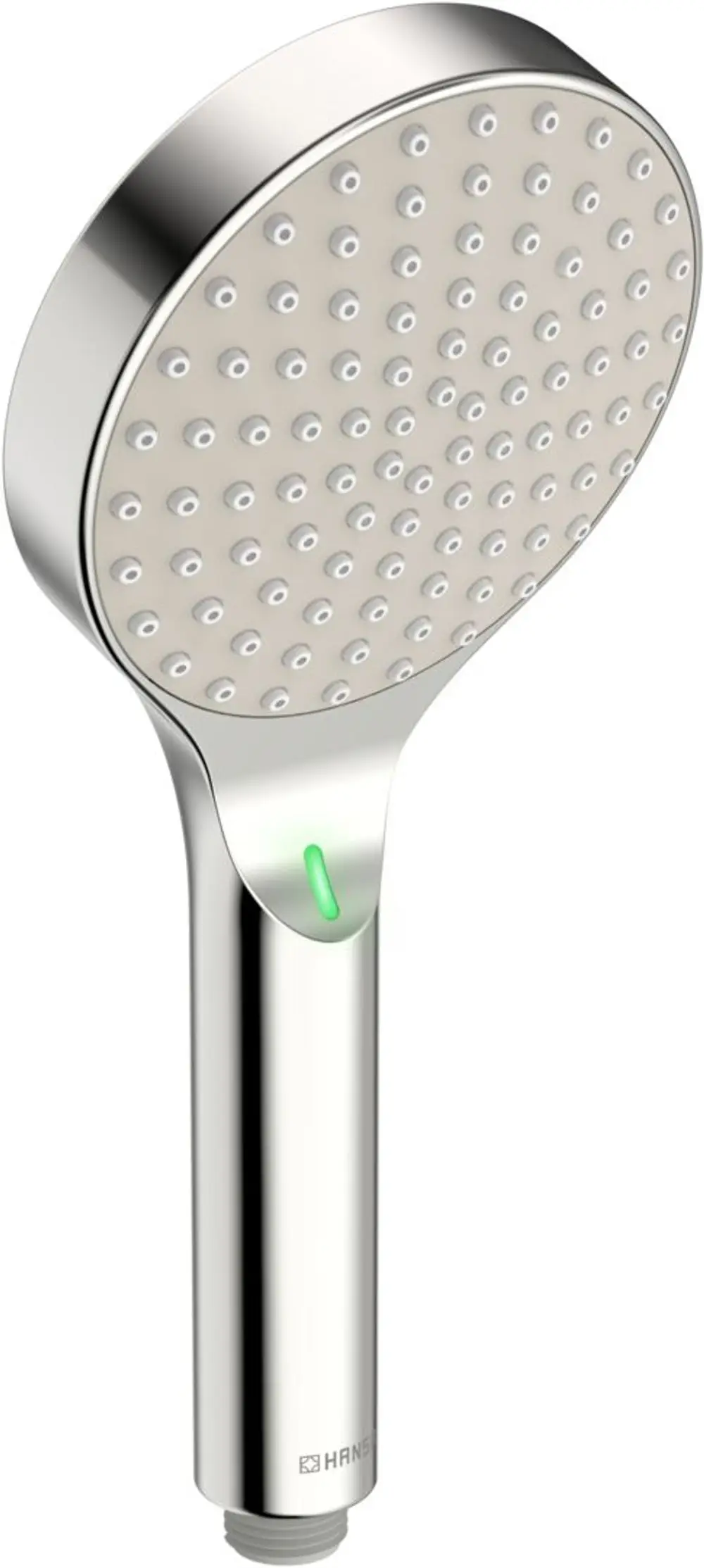 Handbrause mit runder, flacher Düse und ergonomischem Griff. Die Oberfläche ist in Chrom und Hellgrau gehalten. HANSAACTIVEJET-Brunnen mit einfacher Steuerung.